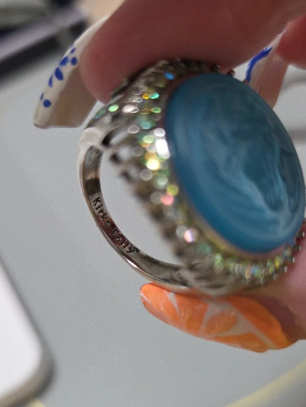 Kirks Folly Blue Unicorn Cameo Ring with Green Crystal Halo